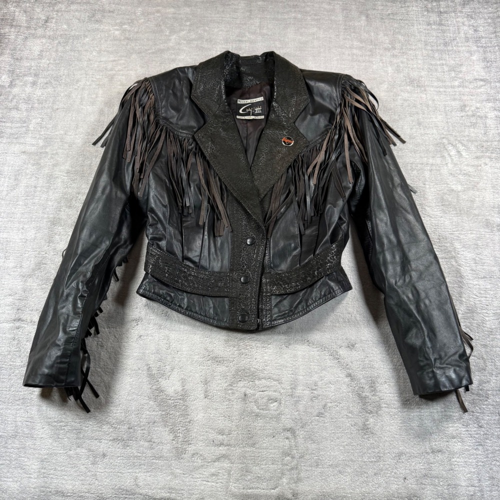 GIII Jacket Women Small Black Vintage Leather Fringe Western Biker Cropped Moto